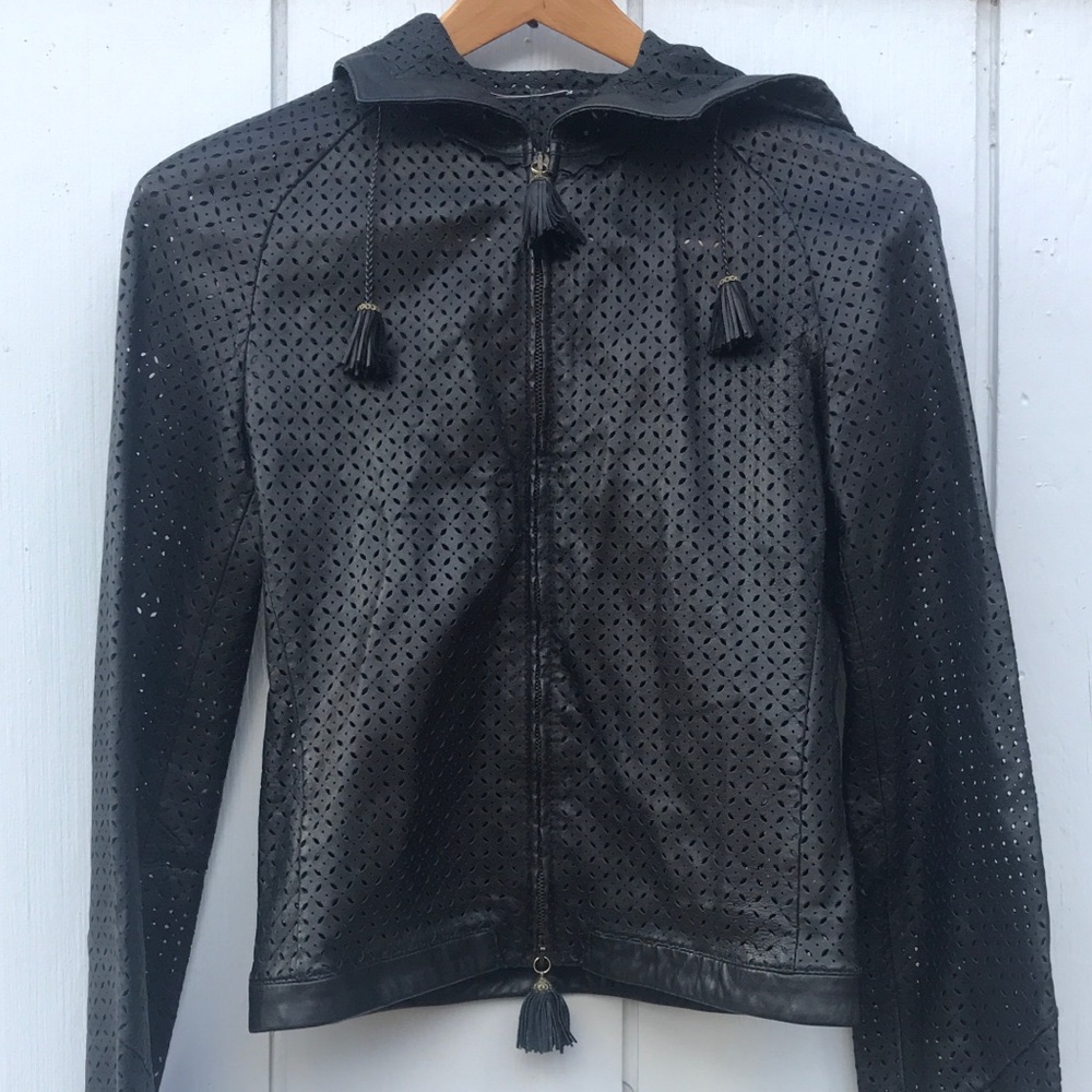 Versace Perforated Leather Jacket with Tassels and Hood - Picture 4 of 13